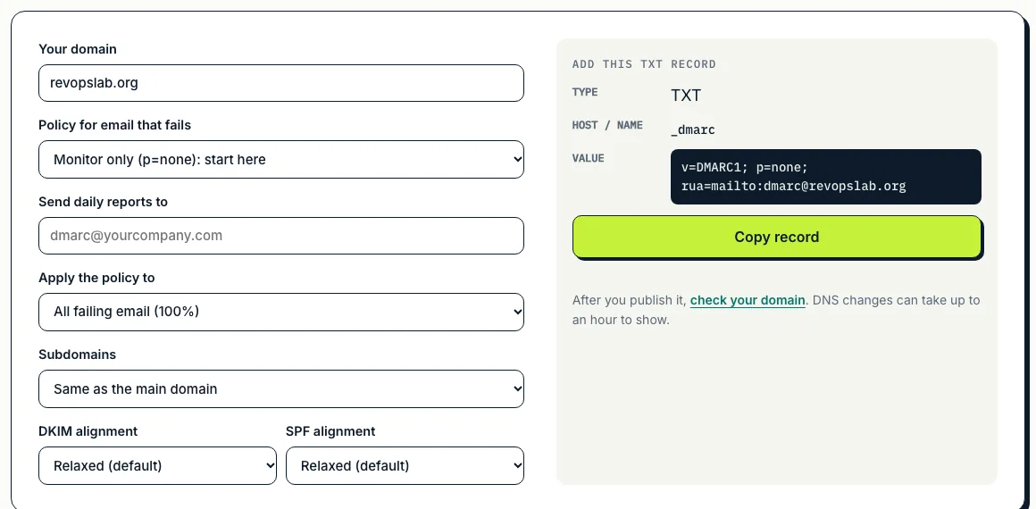 DMARC generator producing v=DMARC1; p=none with a reporting address for host _dmarc