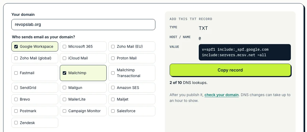 SPF generator with Google Workspace and Mailchimp ticked, producing one record with 2 of 10 DNS lookups