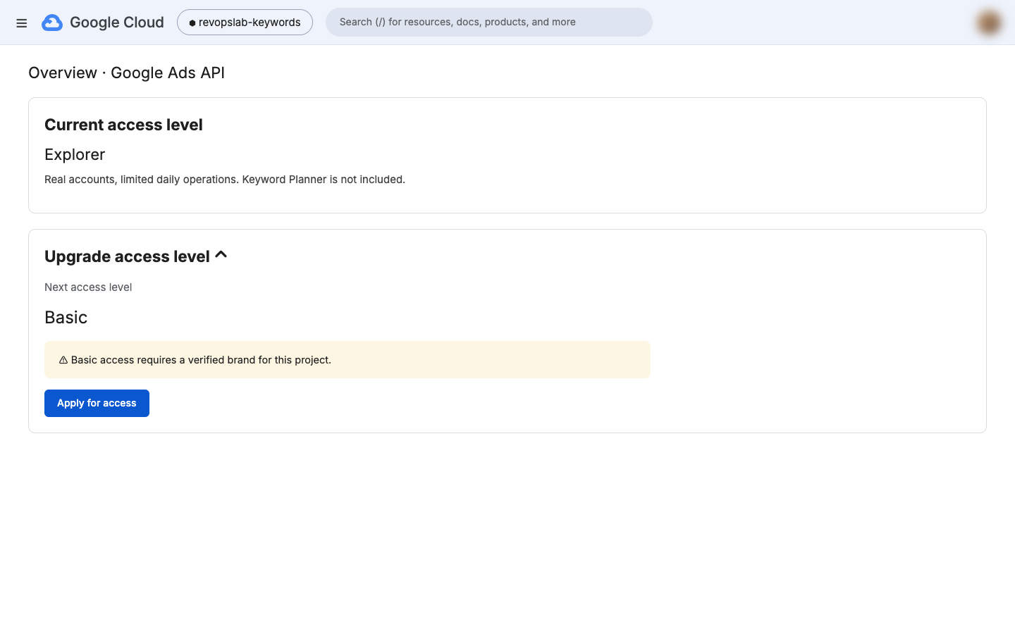 Google Ads API access levels with the Apply for access button