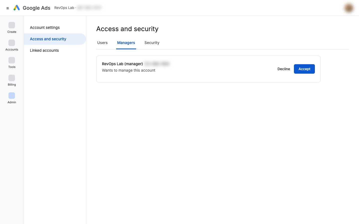 Access and security, Managers tab, with the Accept button