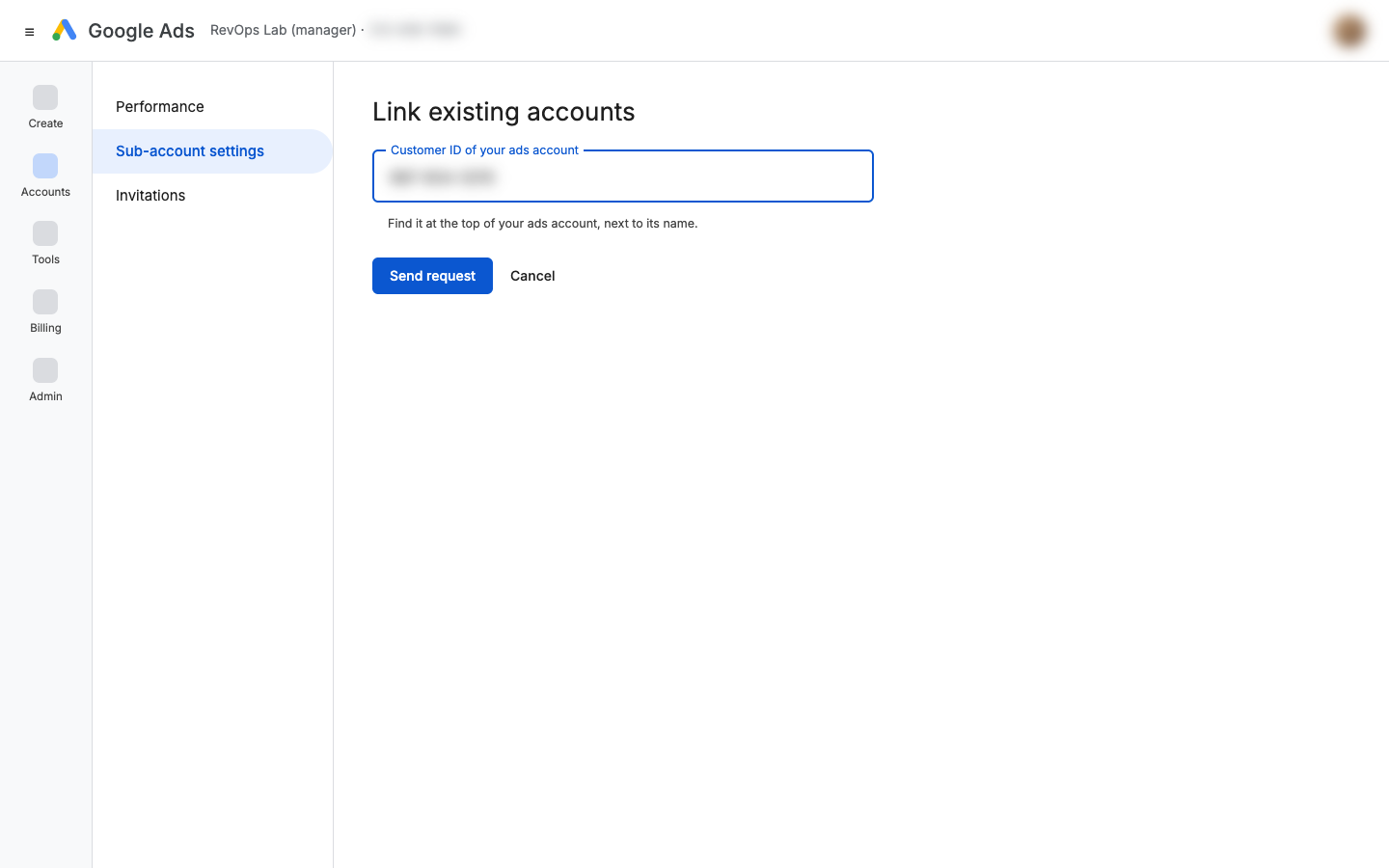 Link existing accounts form with the customer ID and Send request