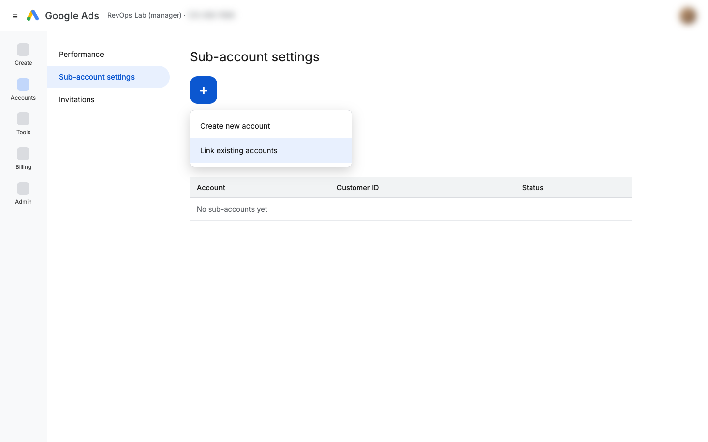 Sub-account settings with the plus menu open on Link existing accounts
