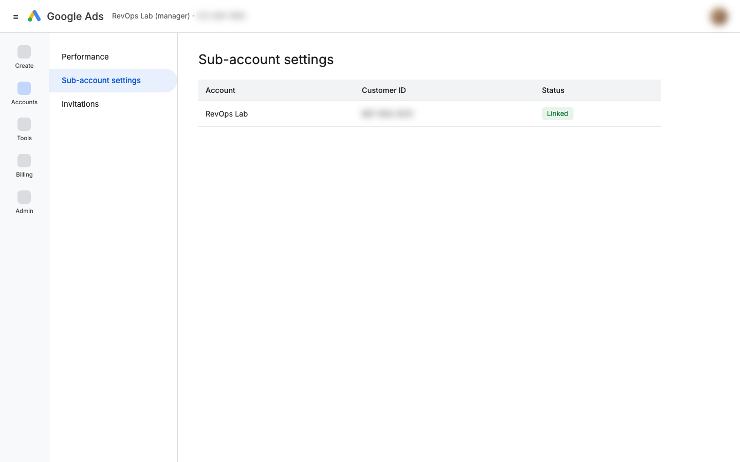 Manager account showing the ads account as Linked