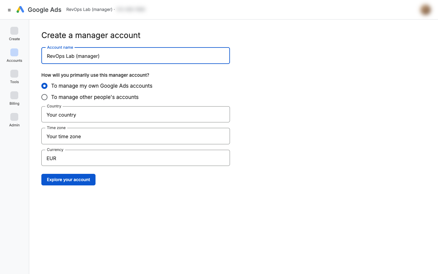 Create a manager account form, set to manage your own accounts