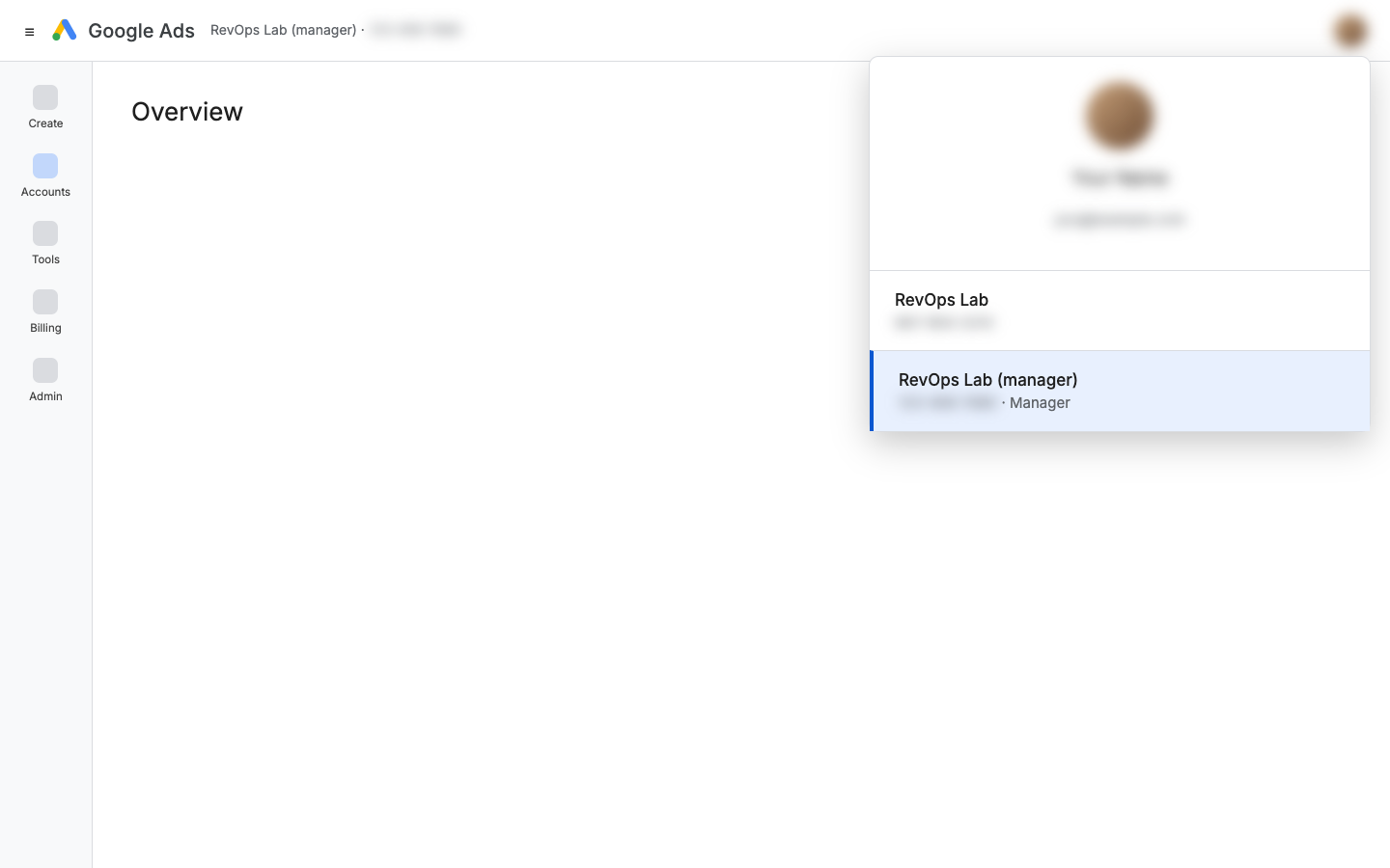 Account switcher showing the ads account and the manager account