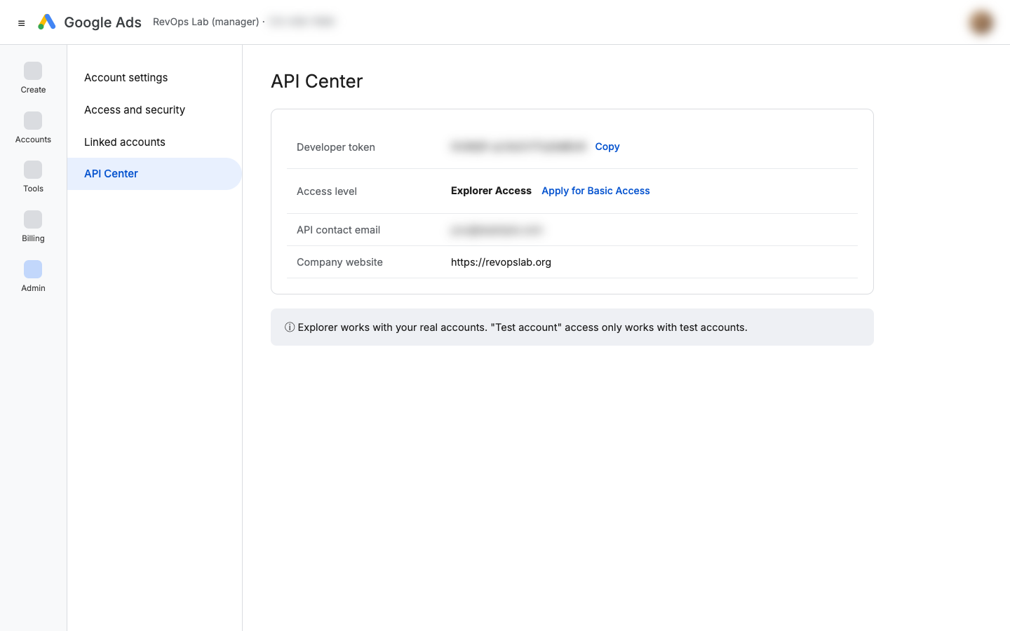 API Center with the developer token and the access level