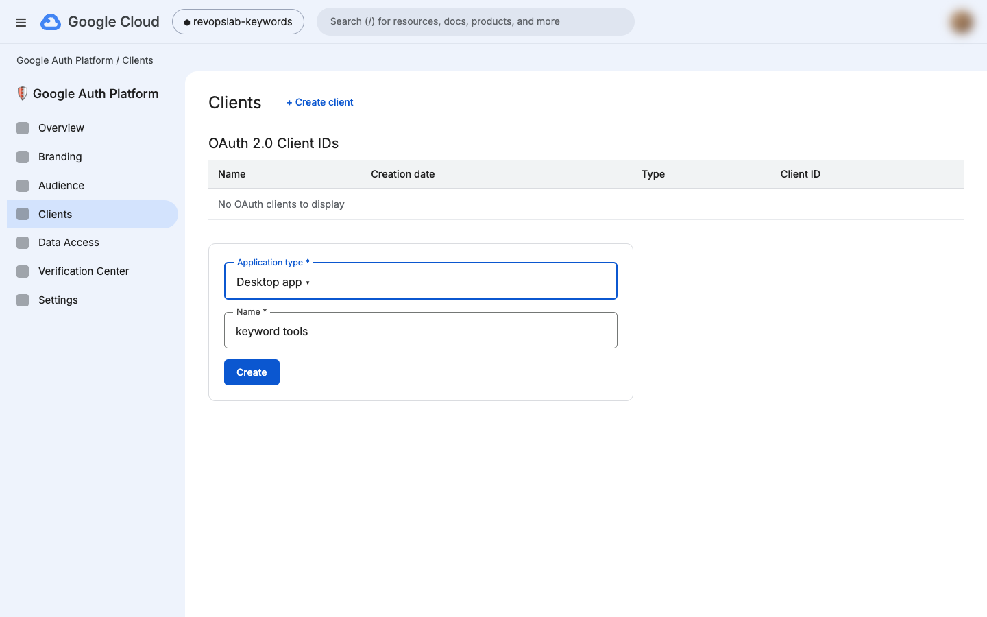 Clients page with application type Desktop app