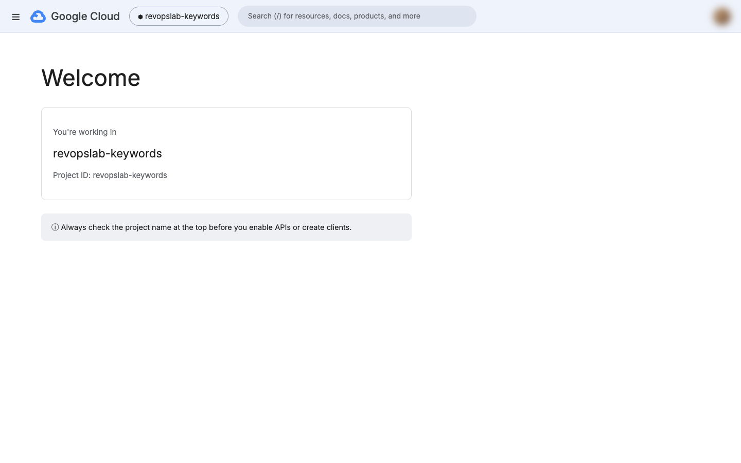 Cloud console showing the new project name at the top