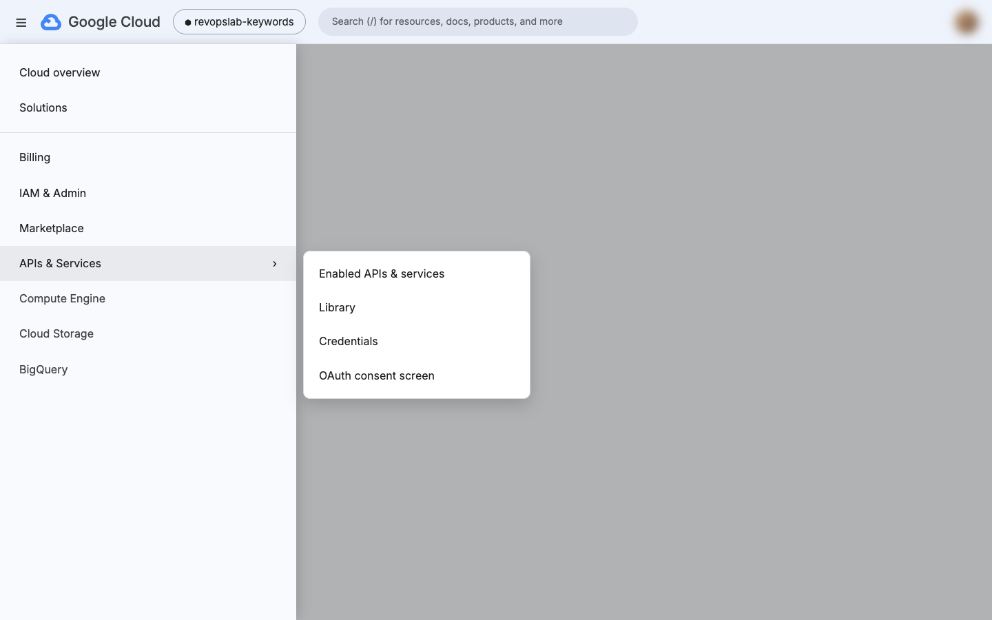 Menu open on APIs and Services, Library