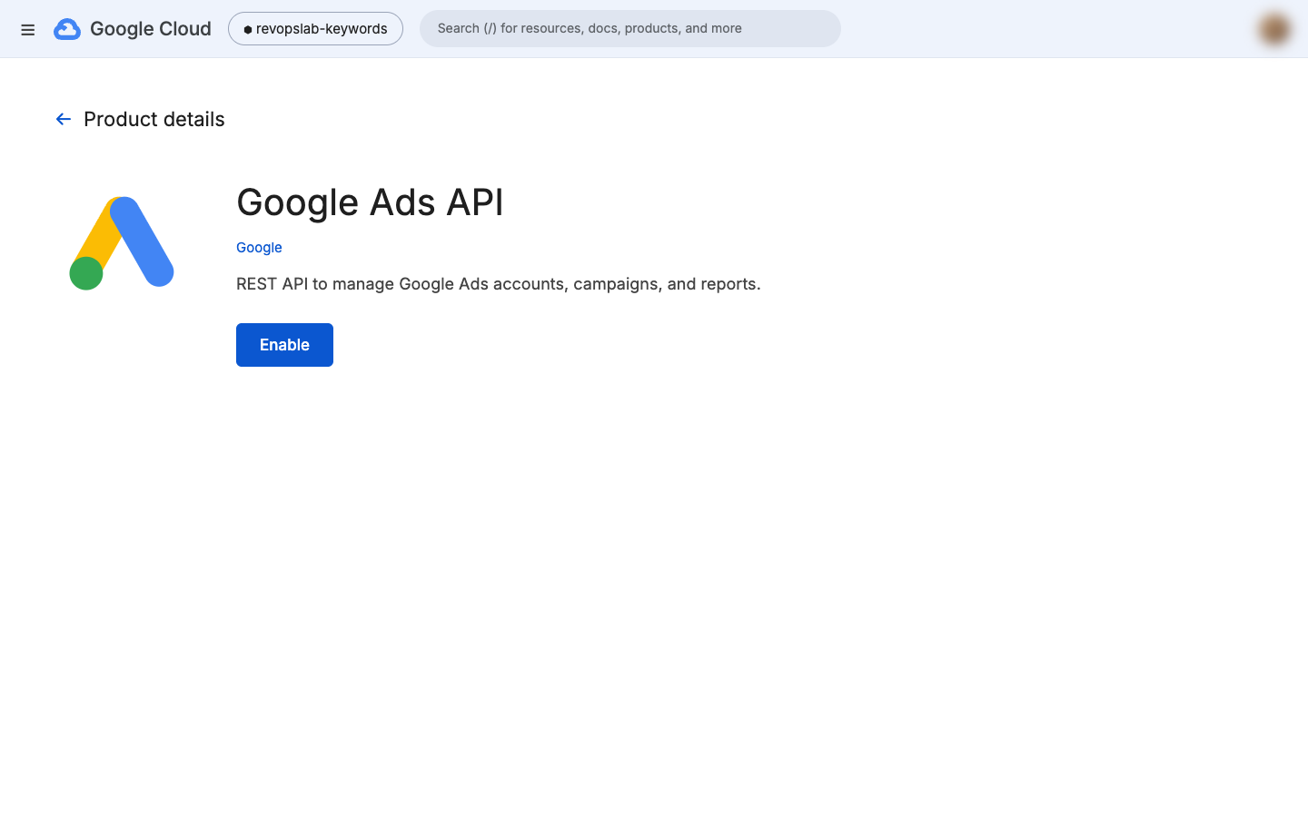 Google Ads API product page with the Enable button