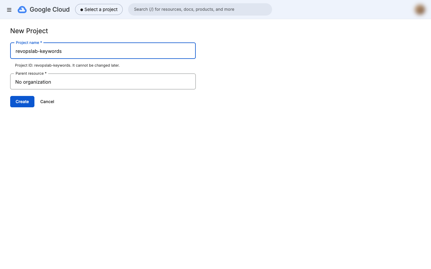 New project form with a project name