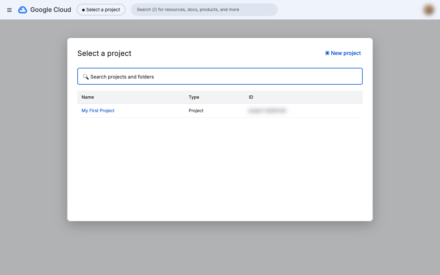 Select a project dialog with the New project button