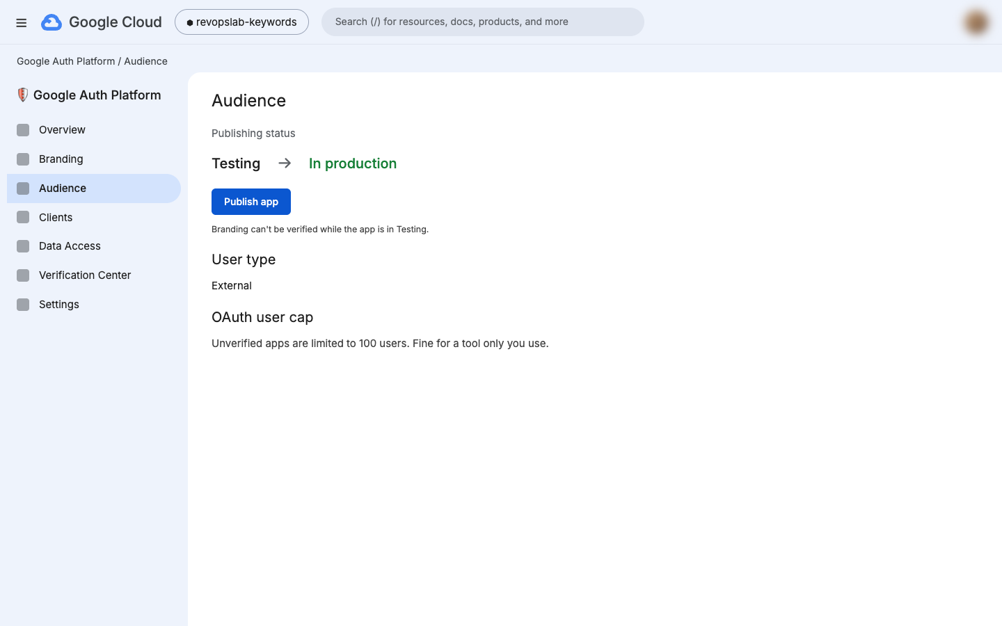 Audience page with the Publish app button