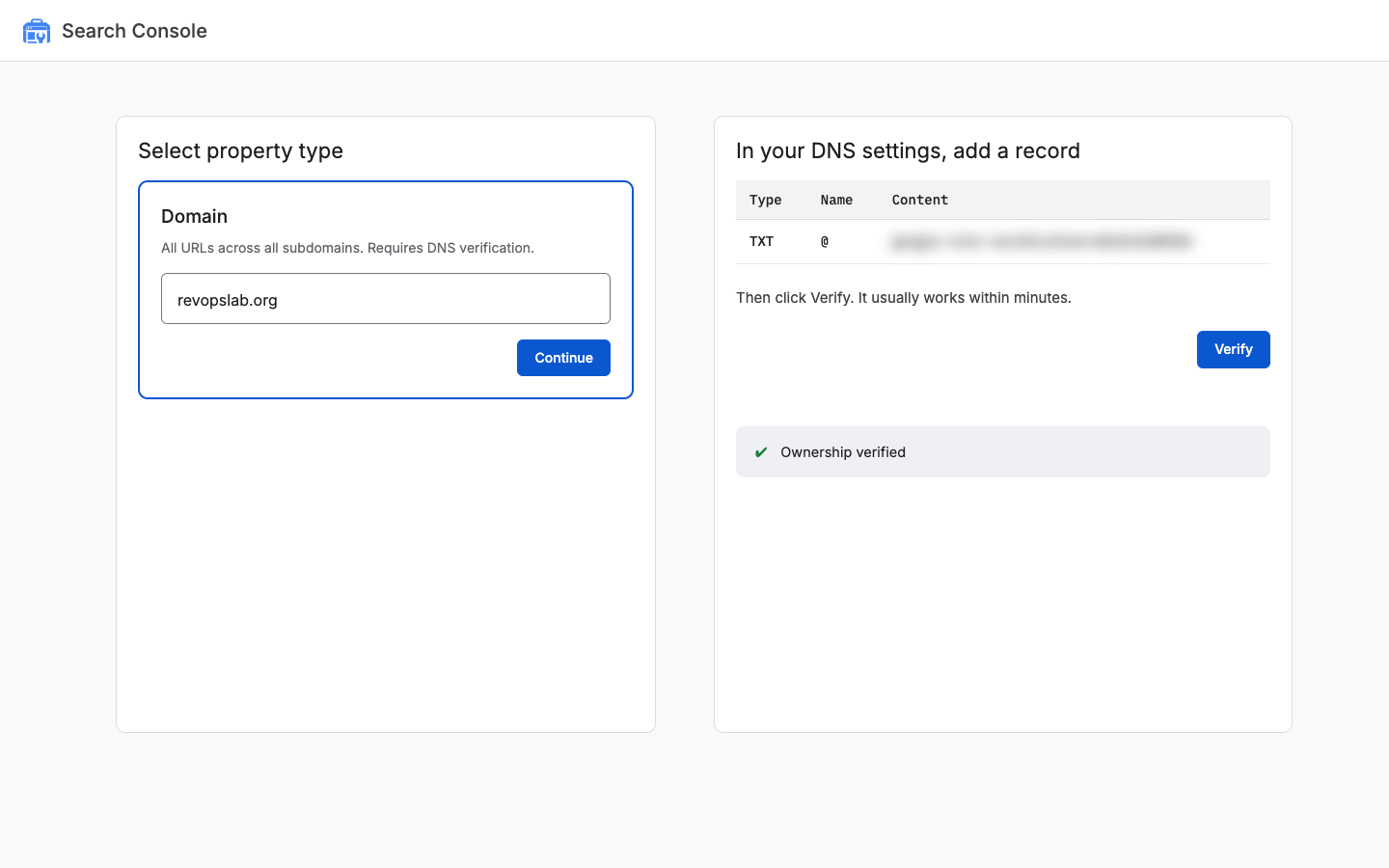 Search Console domain property and the DNS TXT record
