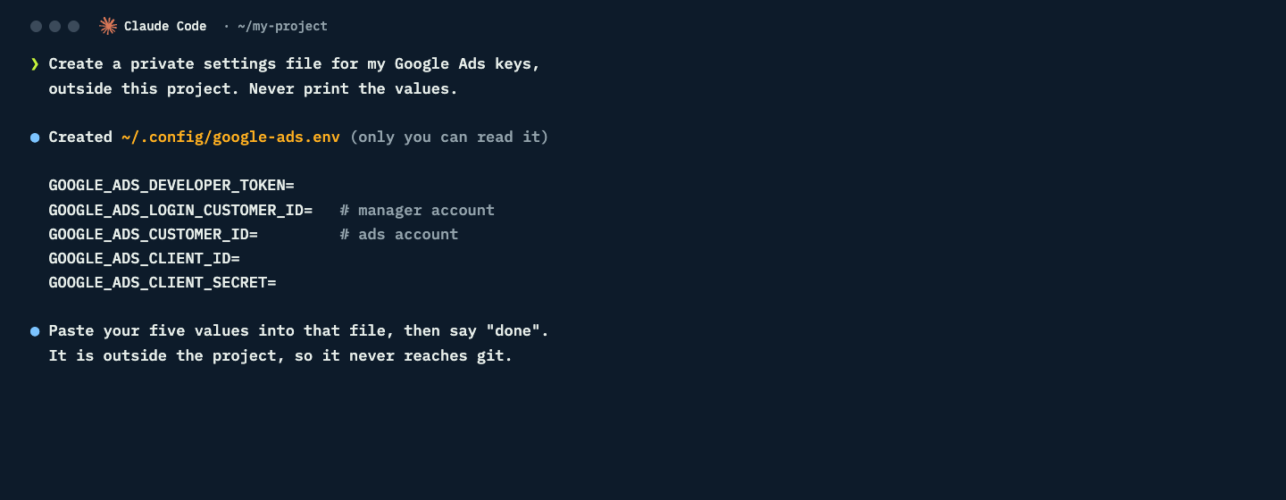 Claude Code creating a private settings file with five empty keys