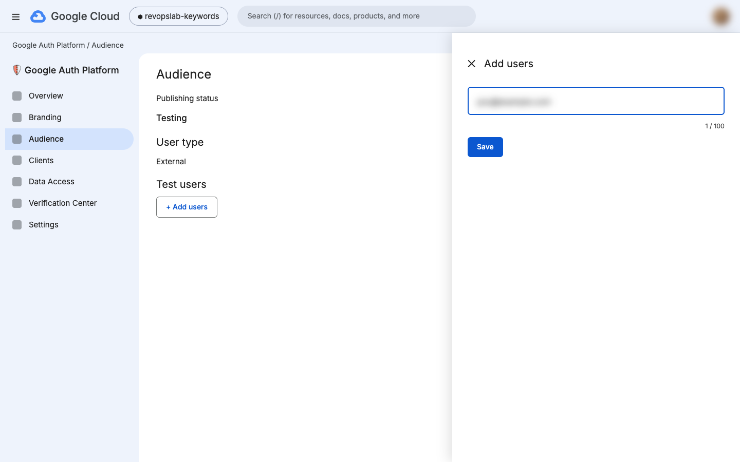 Audience page, adding yourself as a test user