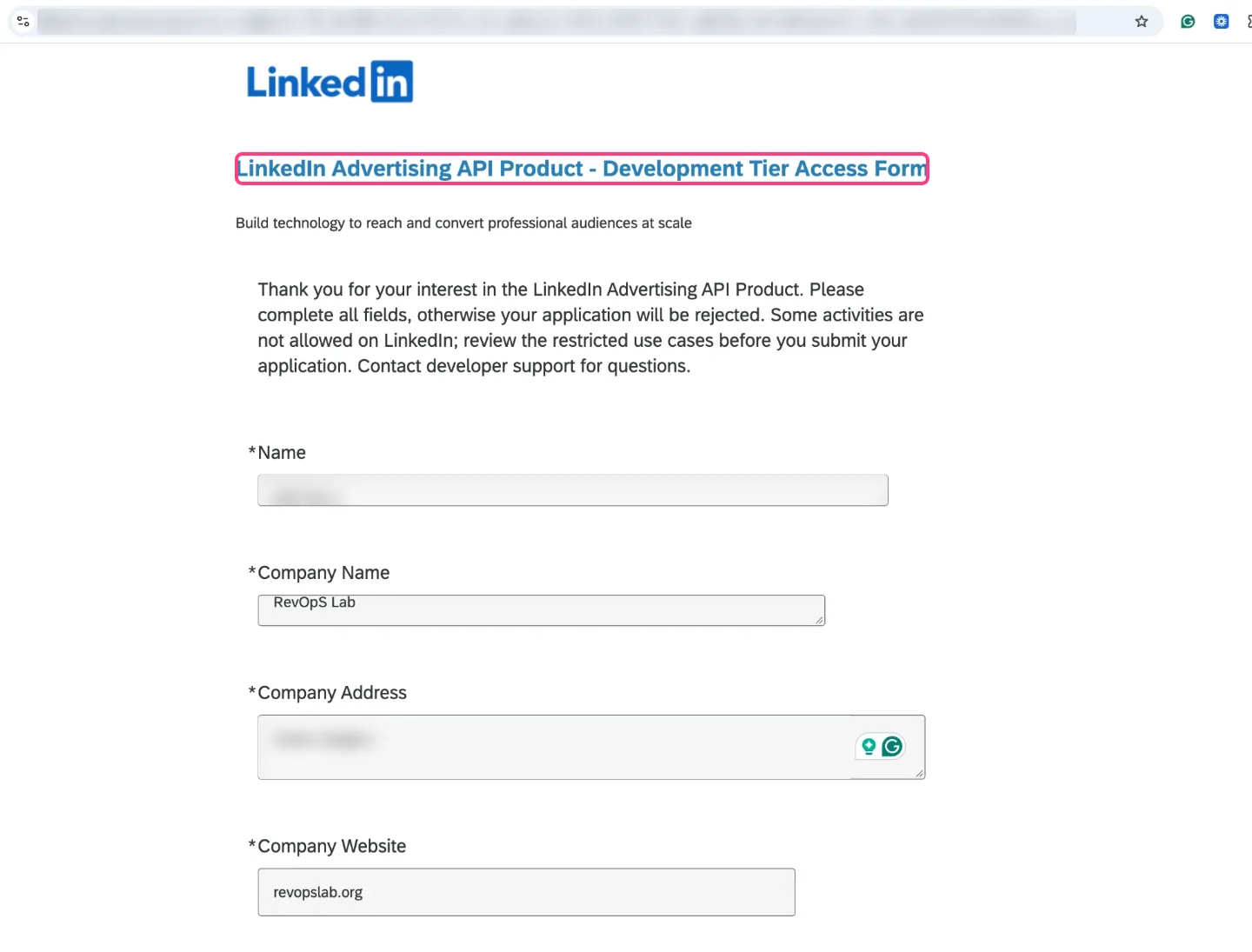 Advertising API access request form