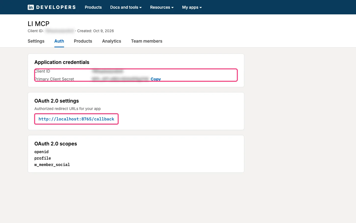 Auth tab with blurred client ID and secret and the authorised redirect URL