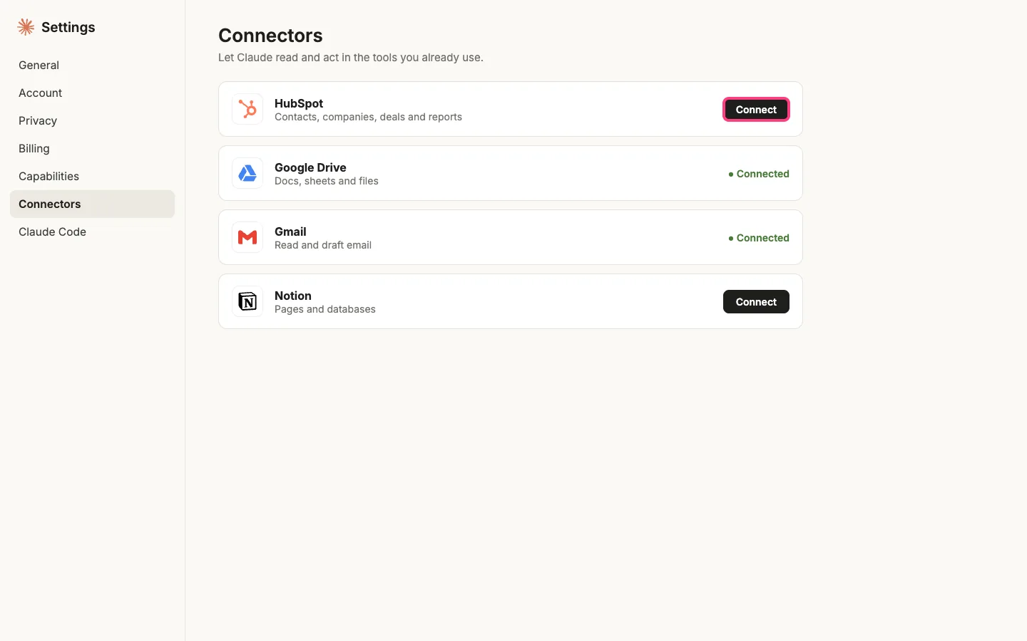 Claude Settings, Connectors, with the HubSpot Connect button