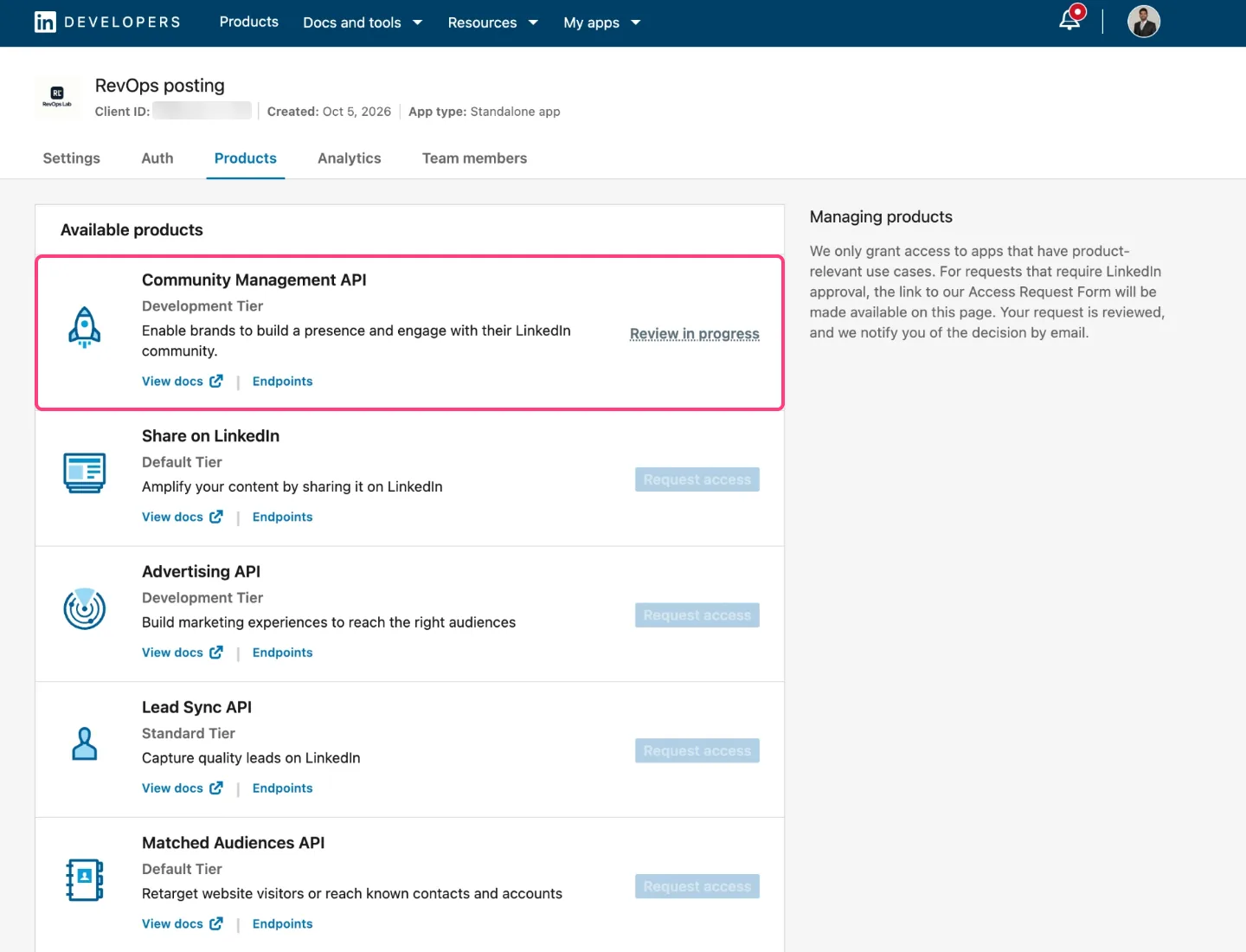 Second app with only the Community Management API requested and the other products greyed out