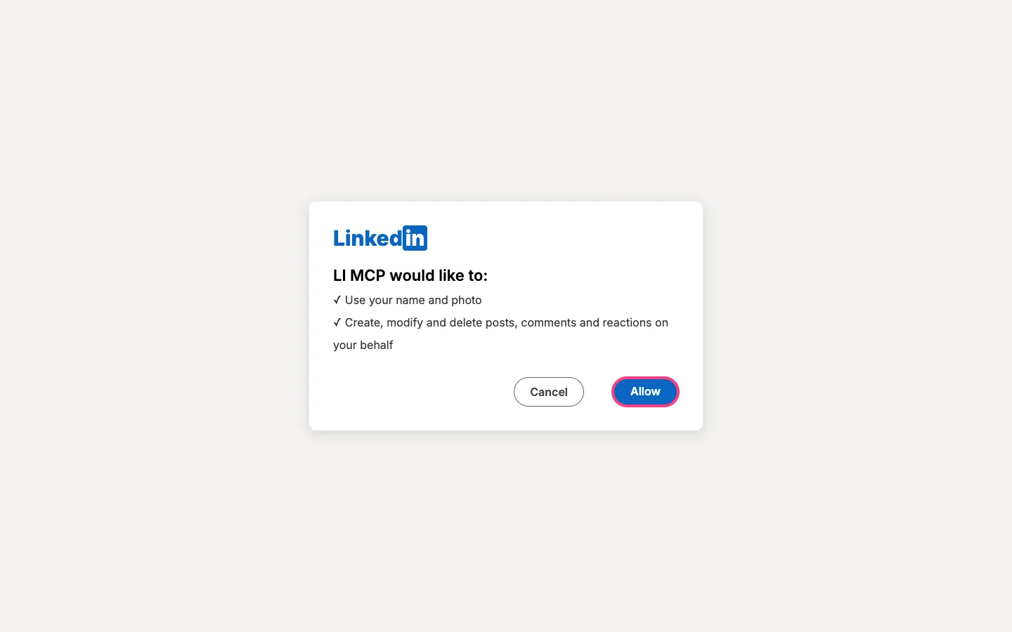 LinkedIn consent screen with the Allow button