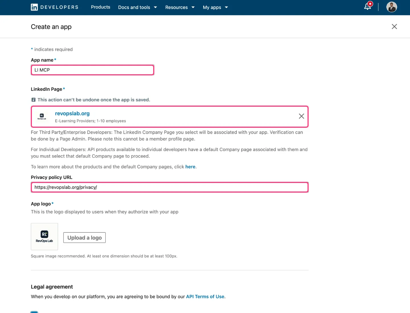 Create an app form with app name, LinkedIn Page, privacy policy URL and logo
