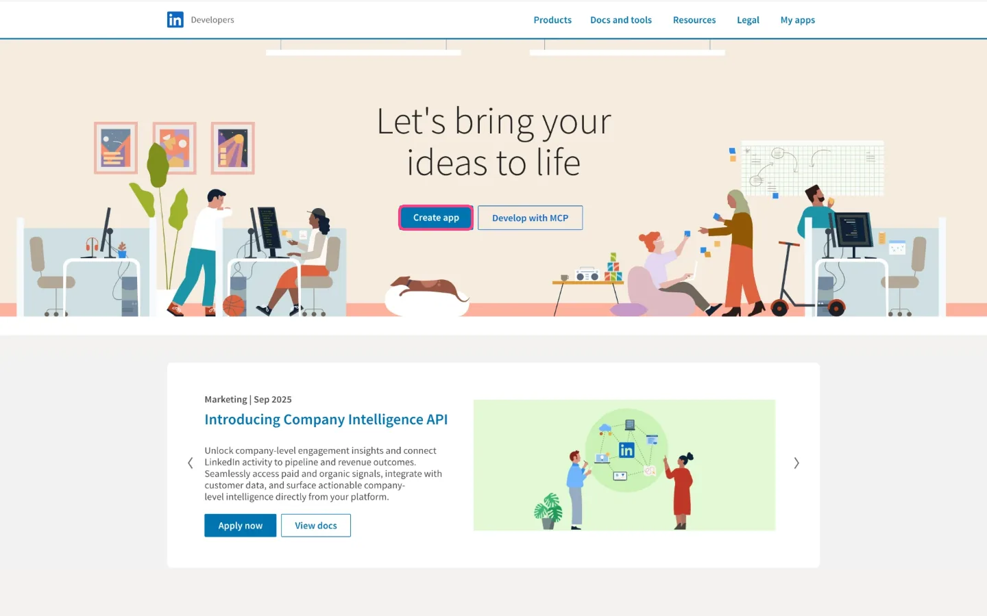 LinkedIn Developers home page with the Create app button