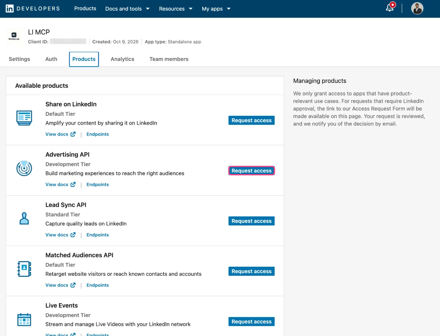Products tab with Sign In with LinkedIn and the Advertising API