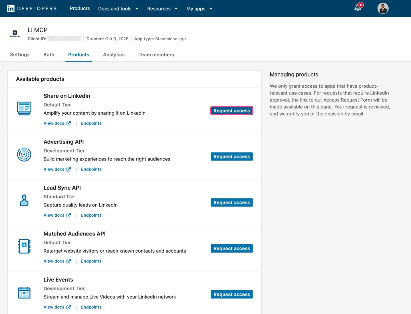 Products tab with Share on LinkedIn