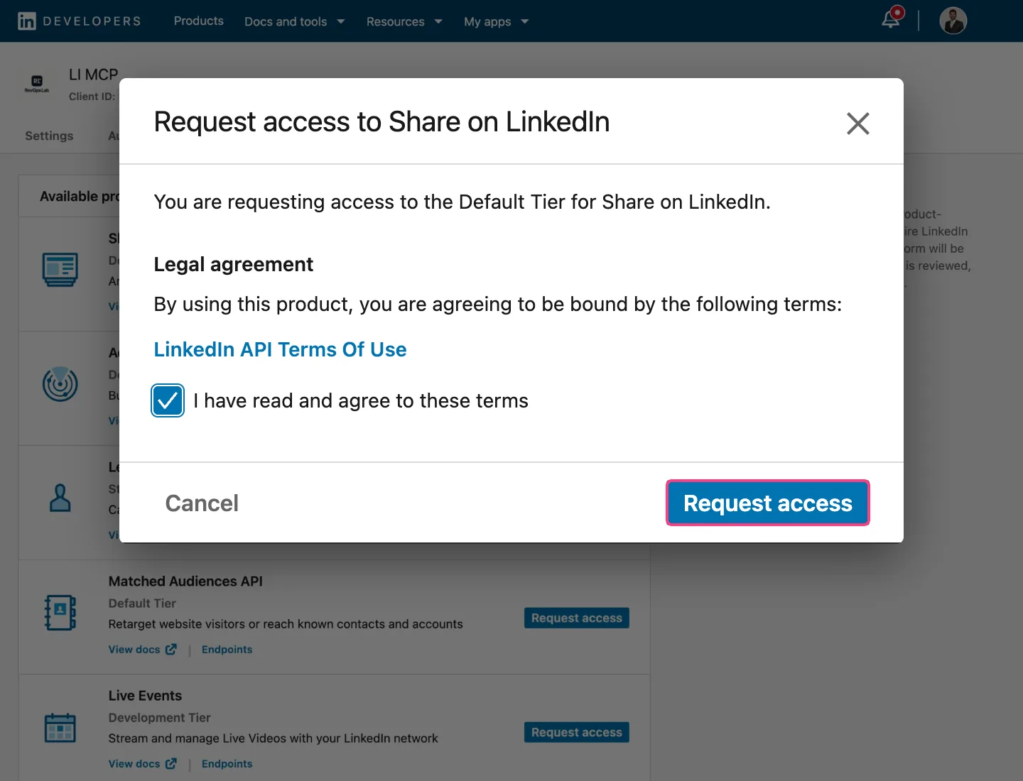 Request access popup for Share on LinkedIn