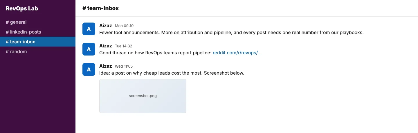 Slack team inbox channel with feedback, a link and an idea with a screenshot