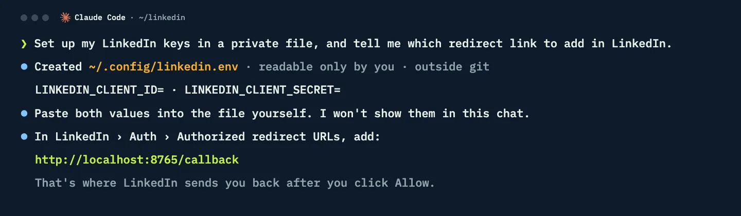 Claude Code creating a private settings file and giving the redirect link