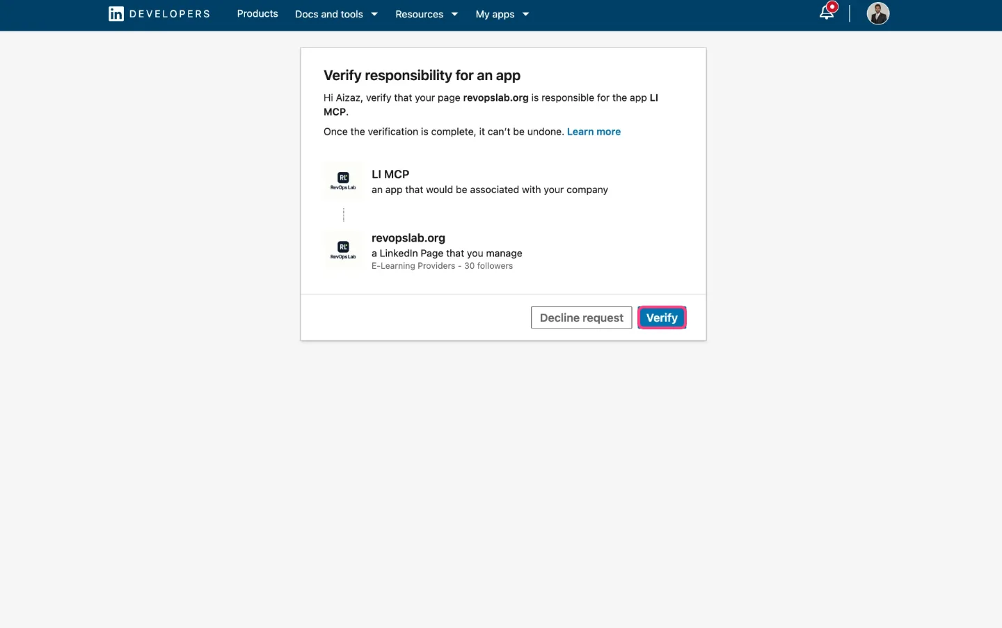 Verification page where the page admin clicks Verify