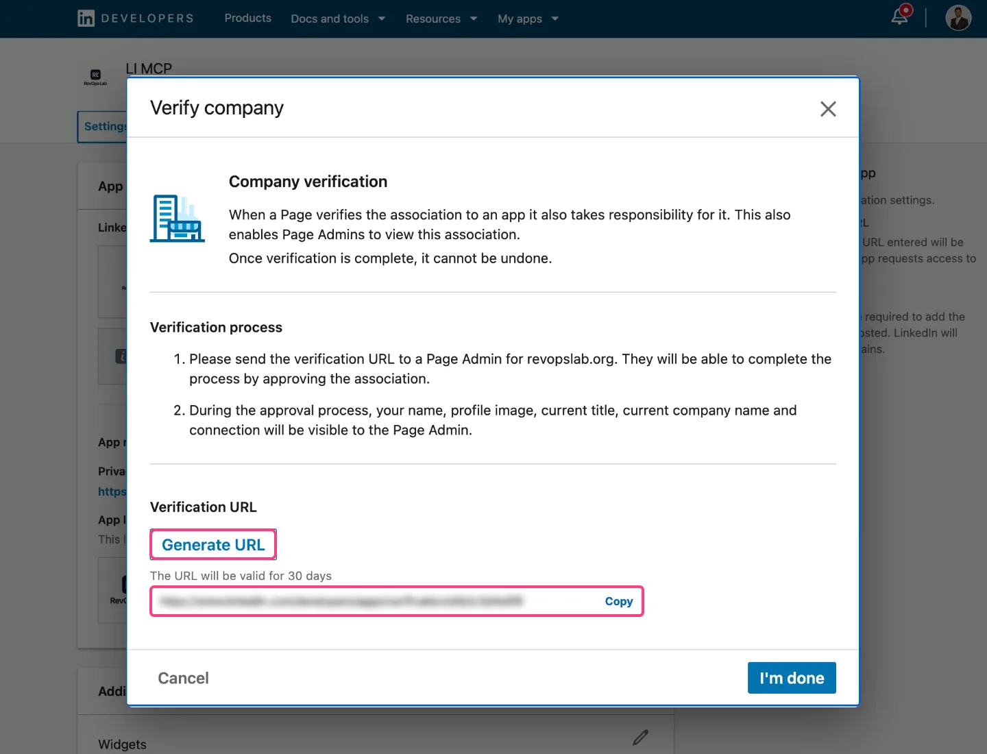 Verification popup with Generate URL and the link to copy